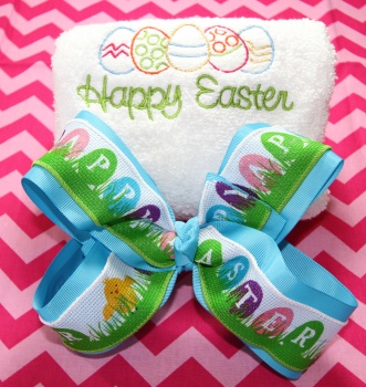 Embroidered Easter Eggs Hand Towel and Happy Easter Bow