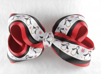 Red Black Christmas Snow Penguins Hair Bow