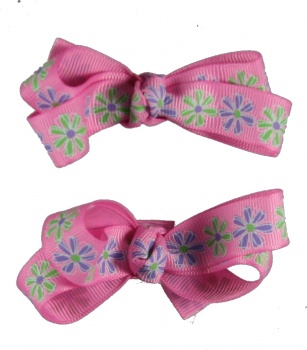 Piggy Tails Pink with Flowers Hair Bow