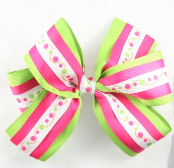 Lime Green Hot Pink Polka Dots Layered Hair Bow