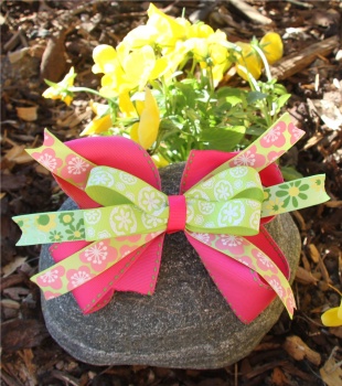 Lime Green Pink Flowers Hair Bow