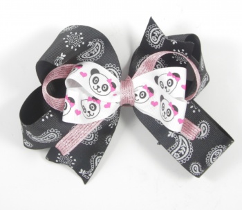 Panda Faces Paisley Pink Hair Bow