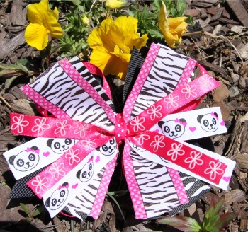 Panda Faces Zebra Stripes Pink Pinwheel Hair Bow