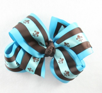 Turquoise Chocolate Brown Fleur De Leis Triple Hair Bow